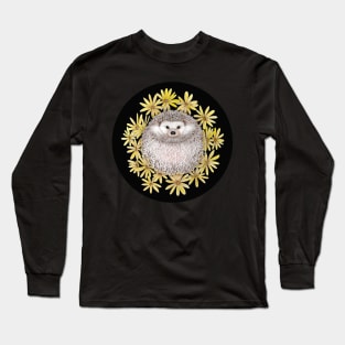 Hedgehog and Daisies (Black Background) Long Sleeve T-Shirt